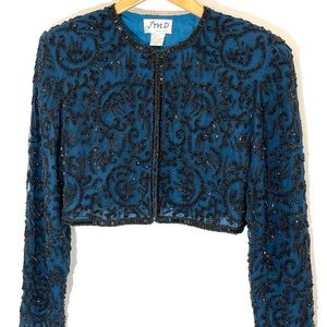 Vintage Royal Blue Silk Bolero Jacket/ Black Bugle & Round Seed Beads & Sequins